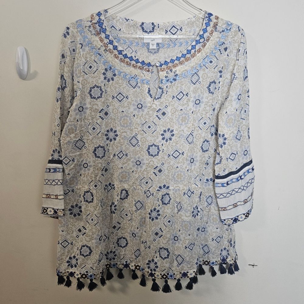 J.Jill Women's Blouse Flowy Boho Tunic3/4 Sleeve Blue and CreamTassel Hem Medium